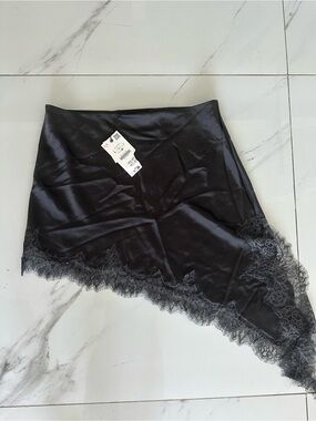 Zara Black Asymmetrical Satin Skirt with Lace Hem
